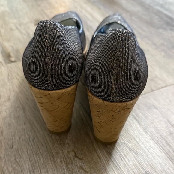 Stuart Weitzman • Anna Metallic Peep Toe Cork Platform Wedge Heels - Picture 6 of 15